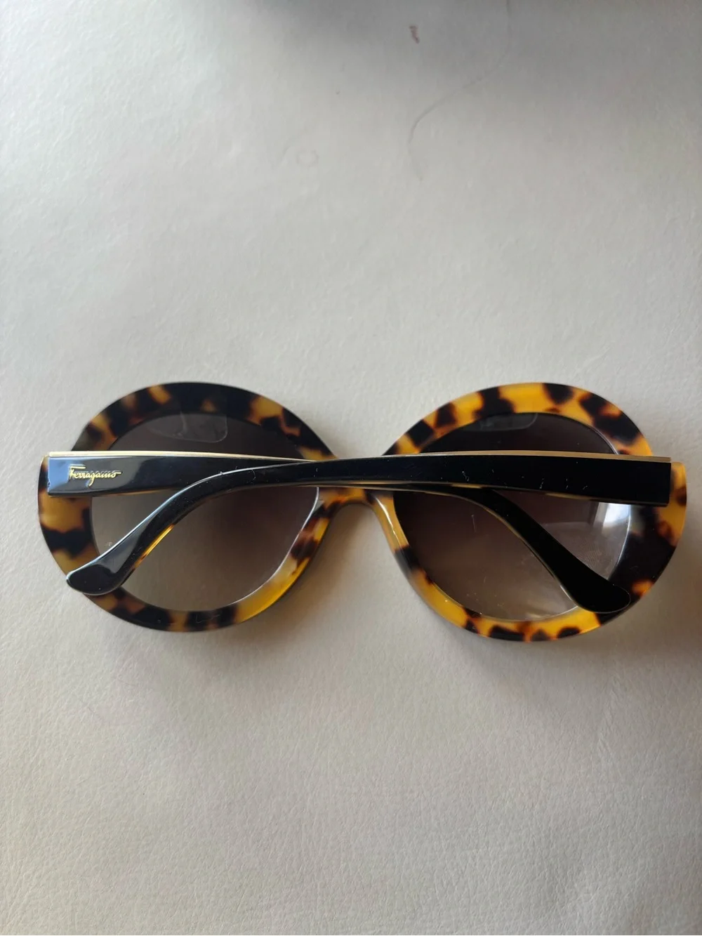 Salvatore Ferragamo Black and Gold Oversized Round Sunglasses incl case